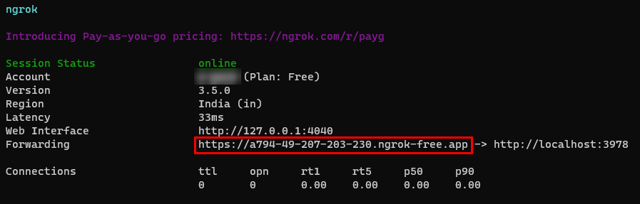 Captura de pantalla que muestra la dirección URL HTTPS de ngrok.