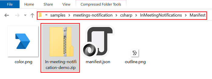 Captura de pantalla que muestra el repositorio clonado con la ruta de acceso y el archivo zip de demostración de notificación en la reunión resaltados en rojo.