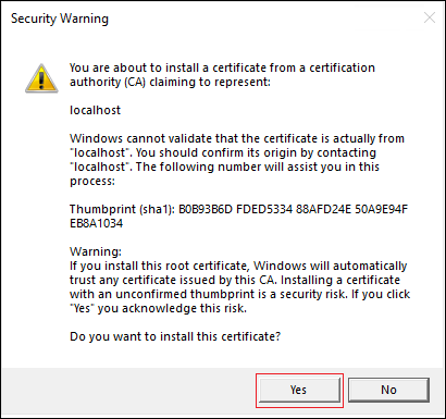 Captura de pantalla de advertencia de seguridad con la opción Sí resaltada en rojo.