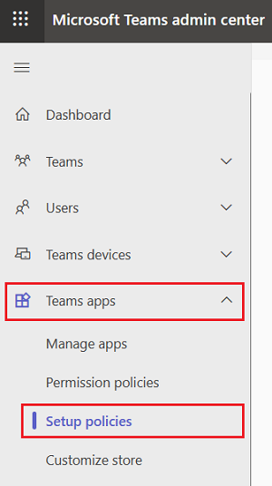 Captura de pantalla del Centro de administración de Microsoft Teams con las aplicaciones de Teams y las directivas de instalación resaltadas en rojo.