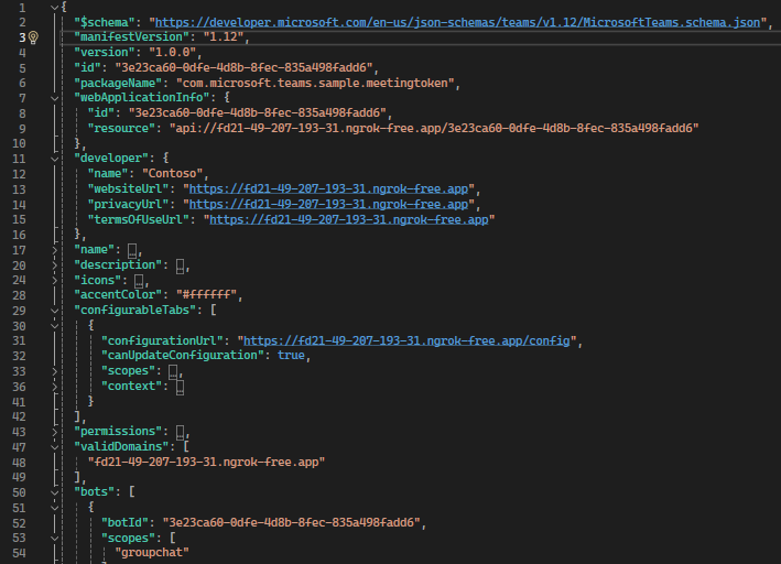 Captura de pantalla que muestra la actualización de Schema, ID, Resource, Company name, website Url, privacy Url y termsofUseUrl.