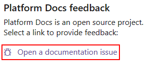 Captura de pantalla que muestra la opción para abrir un problema de documentación para los documentos de platfrom.