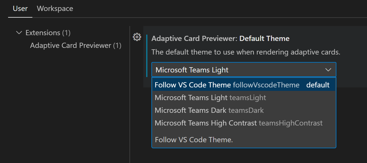Captura de pantalla que muestra cómo configurar el tema predeterminado mediante Visual Studio Code configuración de extensión.