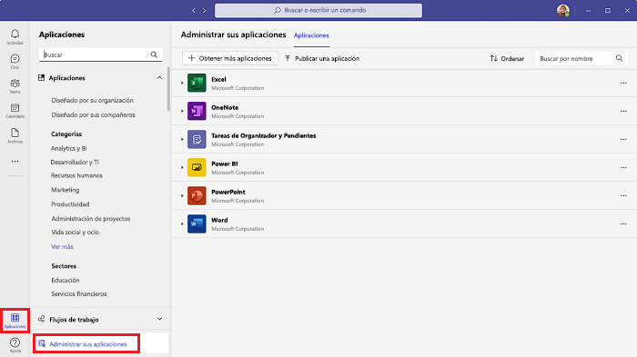 Captura de pantalla que muestra la lista de aplicaciones instaladas que aparece al seleccionar Administrar las aplicaciones.