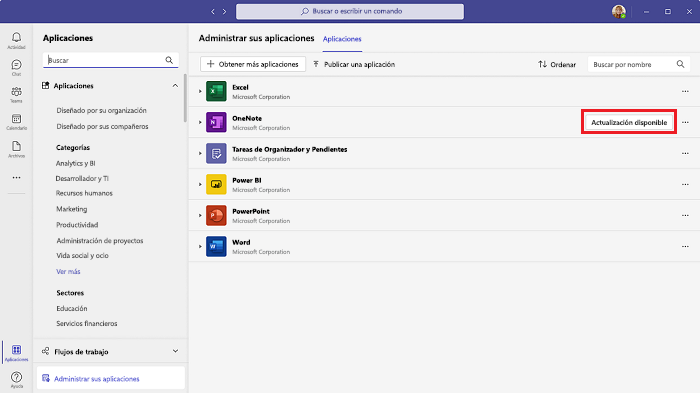 Captura de pantalla que muestra la opción para seleccionar actualizar para la aplicación teams.