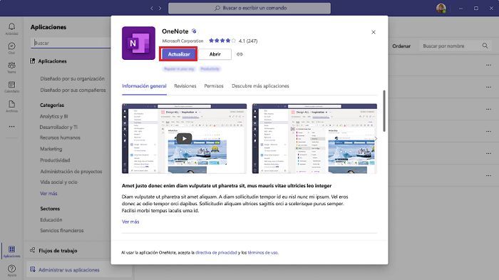 Captura de pantalla que muestra la opción para actualizar la aplicación instalada en Teams.