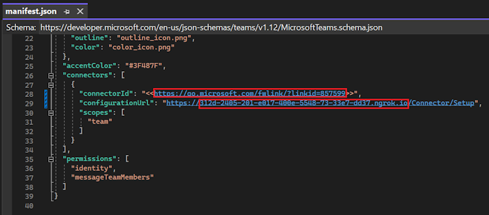 Captura de pantalla de Visual Studio con el identificador de conector y el dominio válido resaltados en rojo después de las actualizaciones necesarias.