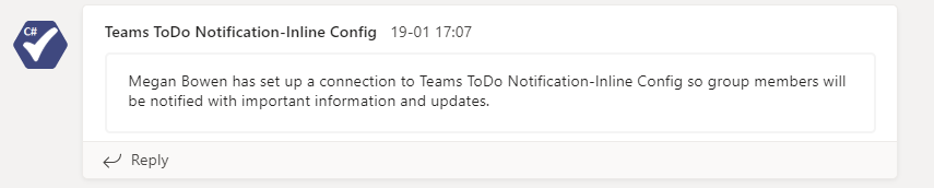 Captura de pantalla de la configuración insertada de la notificación ToDo de Teams que muestra la confirmación de los detalles de configuración de configuración en línea de la notificación de Teams ToDo.