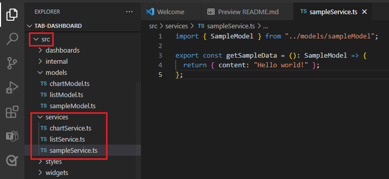 Captura de pantalla que muestra la creación de sampleService.ts archivo en la carpeta de servicio de Visual Studio Code.