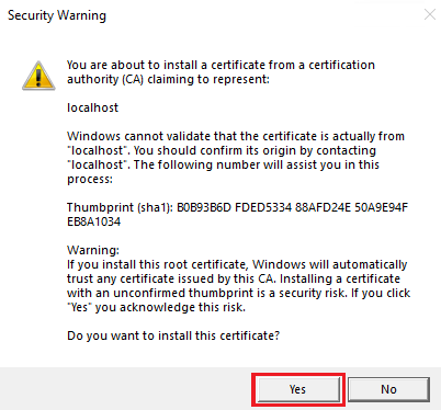 Captura de pantalla que muestra una ventana de instalación del certificado.