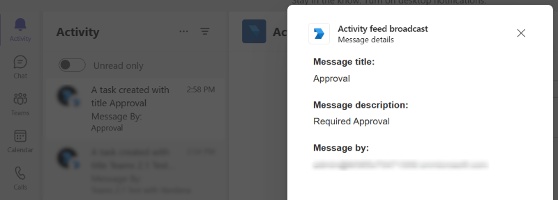 Captura de pantalla que muestra la salida final de la notificación de fuente de actividad.