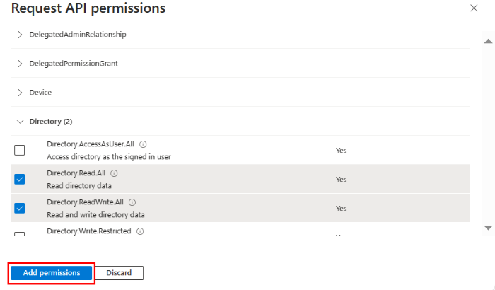Captura de pantalla que muestra los distintos permisos de API.