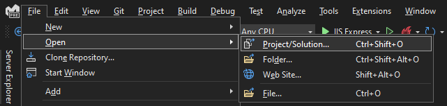 Captura de pantalla que muestra cómo abrir un proyecto en Visual Studio.