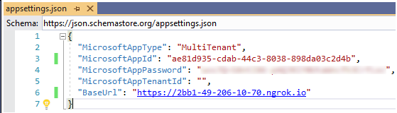 Captura de pantalla del archivo JSON appsettings que muestra la información de appsettings.