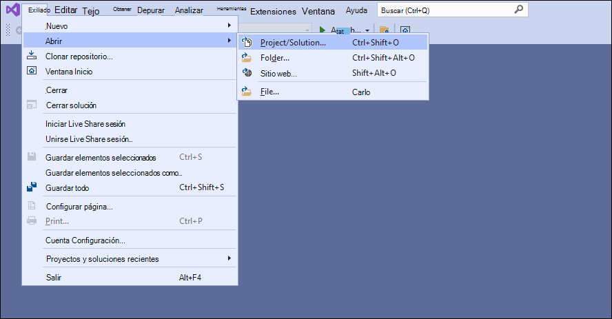 Captura de pantalla de Visual Studio en la que se muestra la opción Proyecto o solución.