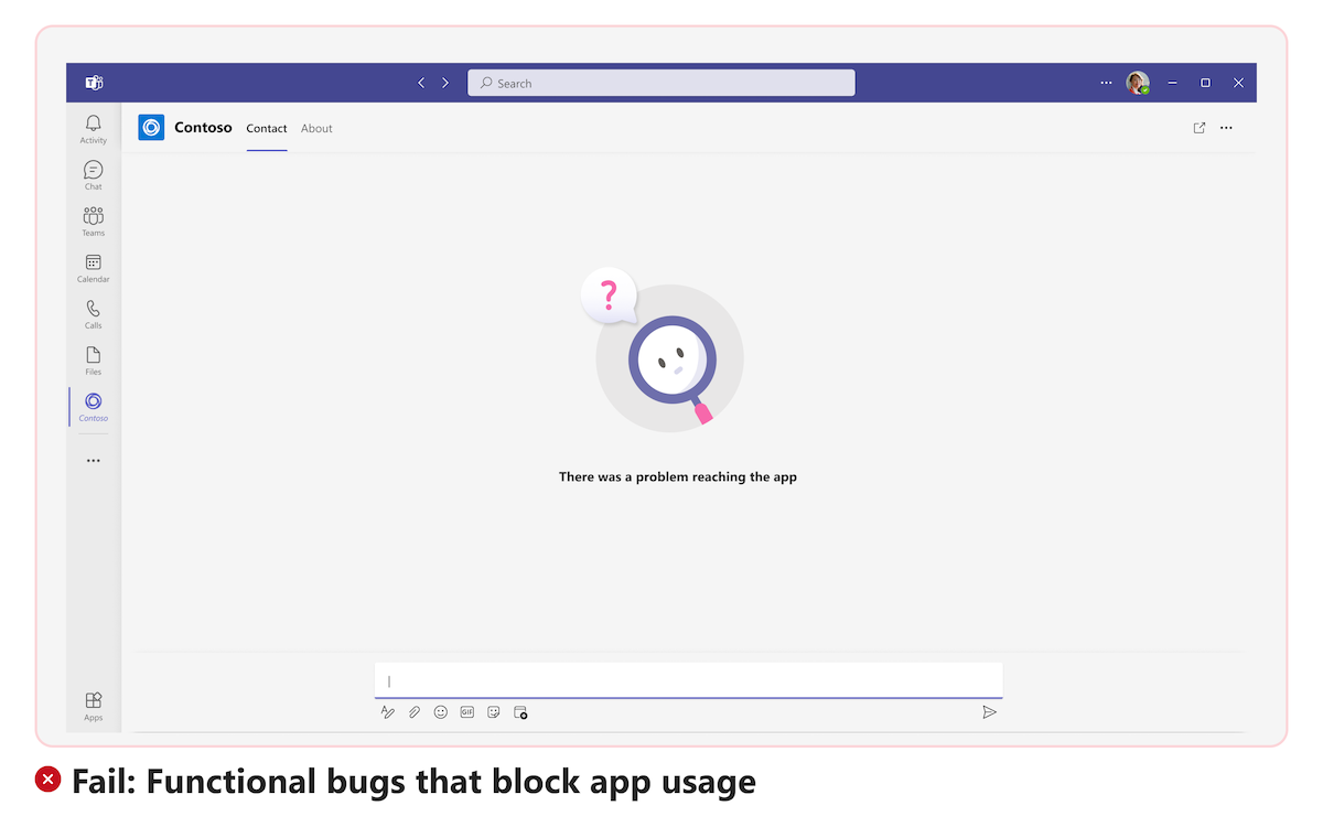 Captura de pantalla del error funcional erróneo para bloquear el uso de la aplicación.