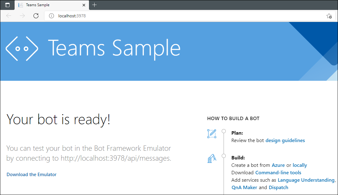 Captura de pantalla de la página web que muestra El bot está listo.