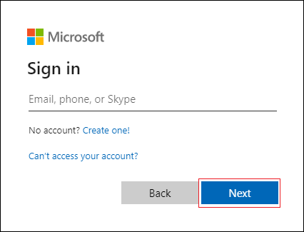 Captura de pantalla de la página Inicio de sesión de Microsoft con Siguiente resaltado en rojo.