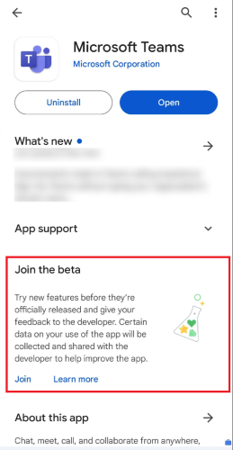 Captura de pantalla que muestra la opción para unirse a la versión beta.