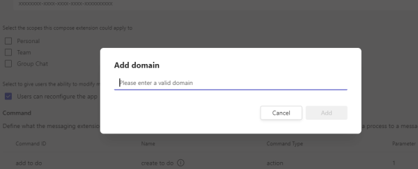 Captura de pantalla que muestra cómo agregar un dominio válido a la extensión de mensajería para la desplegamiento de vínculos.