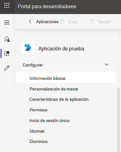 La captura de pantalla es un ejemplo que muestra cómo configurar características para administrar y acceder a la aplicación en el Portal para desarrolladores.