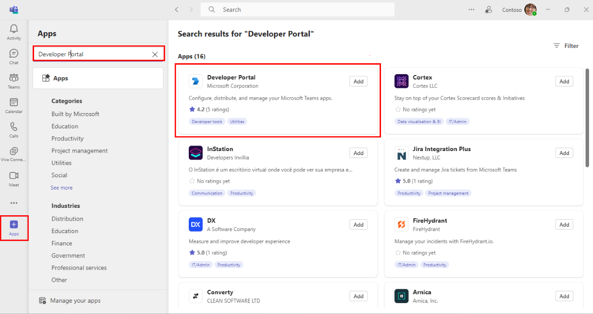 Captura de pantalla que muestra cómo agregar aplicaciones del Portal para desarrolladores en el cliente de Teams.