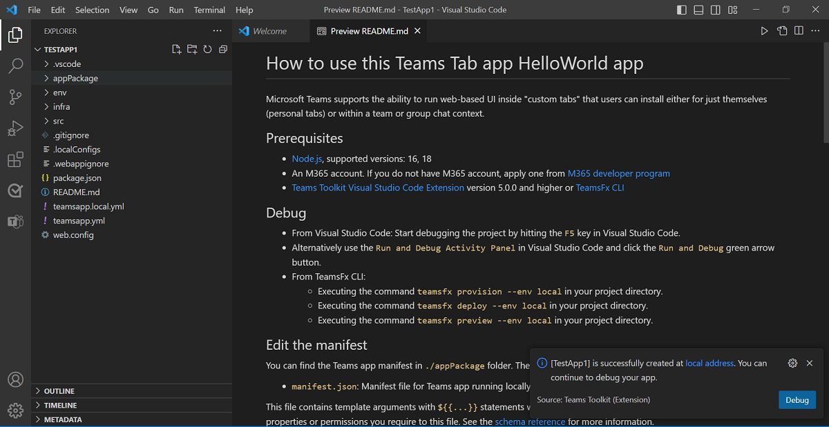 Captura de pantalla que muestra el scaffolding del proyecto en Visual Studio Code.