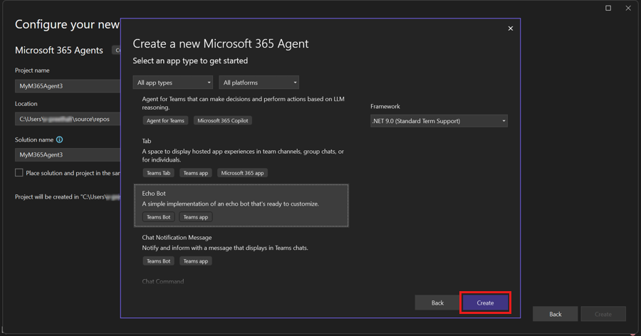 Captura de pantalla que muestra el tipo de aplicación en Visual Studio.