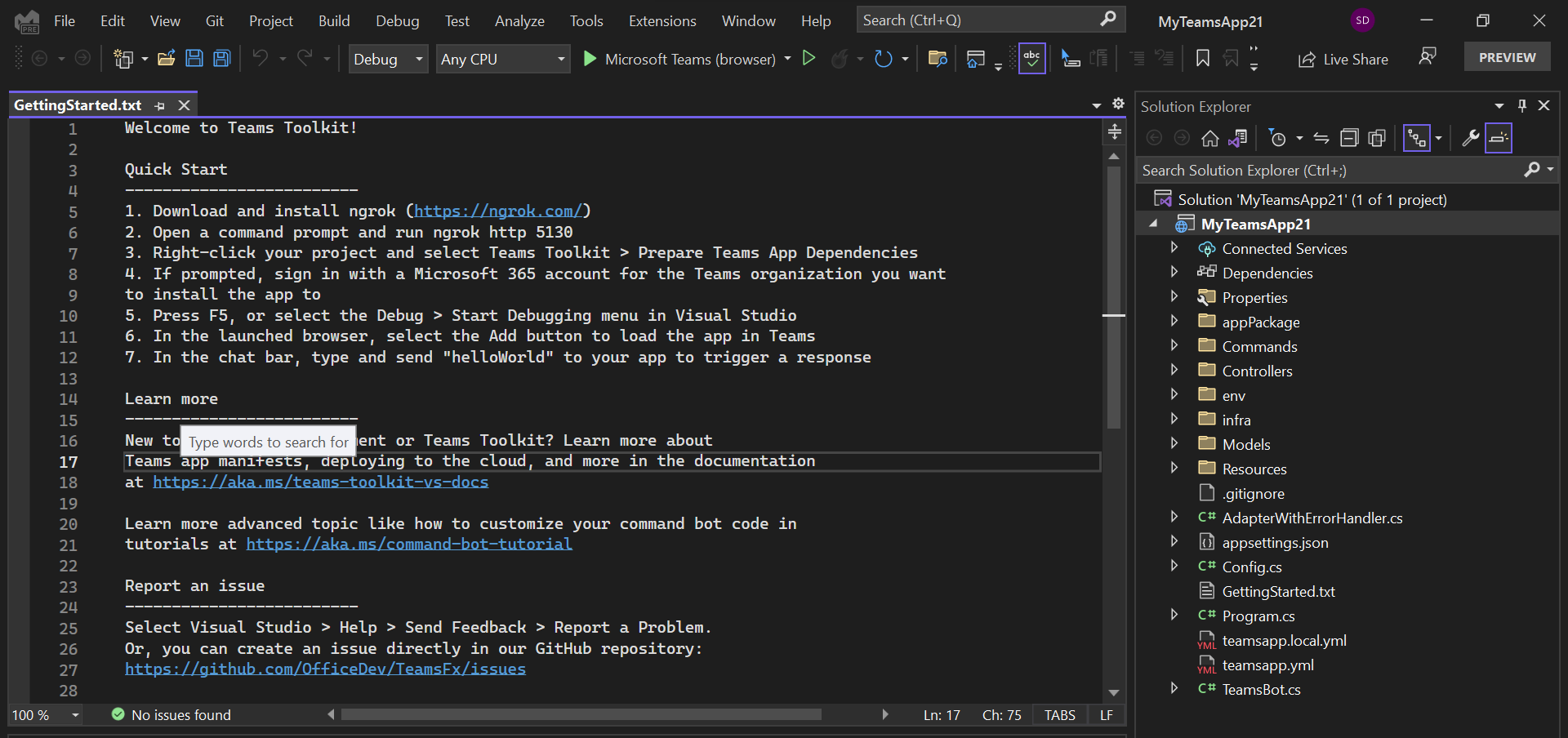Captura de pantalla que muestra el scaffolding del proyecto en Visual Studio. 