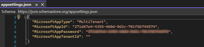 Captura de pantalla que muestra el archivo de configuración de la aplicación rellenada de detalles en Visual Studio.