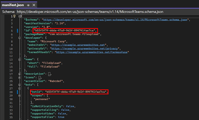Captura de pantalla que muestra los detalles del archivo de manifiesto rellenado en Visual Studio.