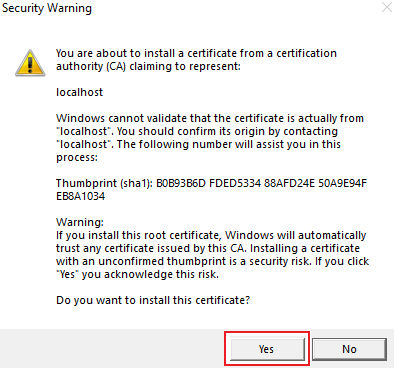 Captura de pantalla que muestra el certificado de advertencia de seguridad que se va a aceptar.