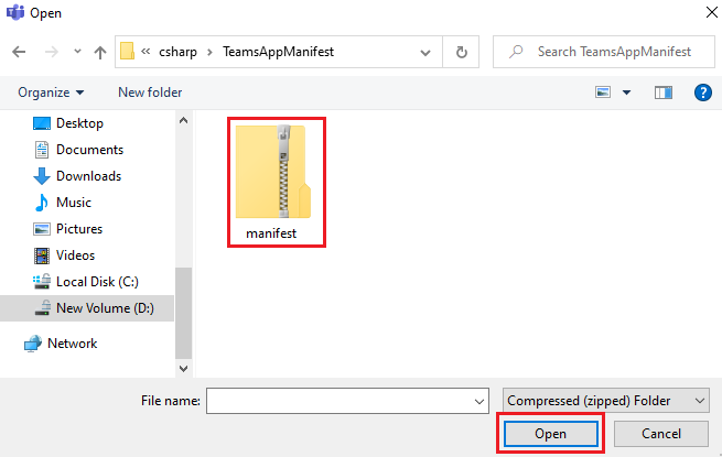 Captura de pantalla que muestra la opción para cargar el archivo ZIP del manifiesto en Teams.