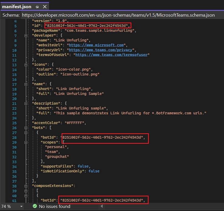Captura de pantalla que muestra el reemplazo del identificador de aplicación de Microsoft.