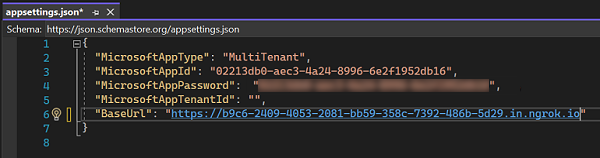 Captura de pantalla del archivo JSON appsettings con información de appsettings.