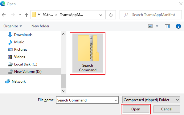 Captura de pantalla del repositorio clonado con el archivo zip Búsqueda Command y la opción Abrir resaltada en rojo.