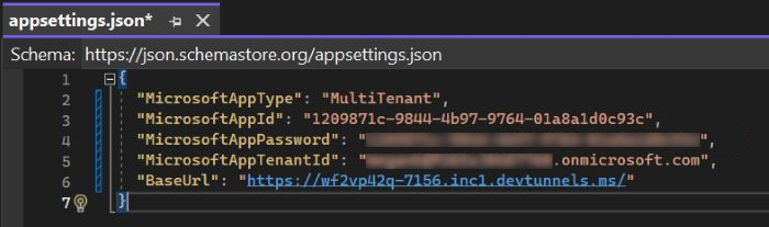 Captura de pantalla que muestra appsetting.json en Visual Studio.
