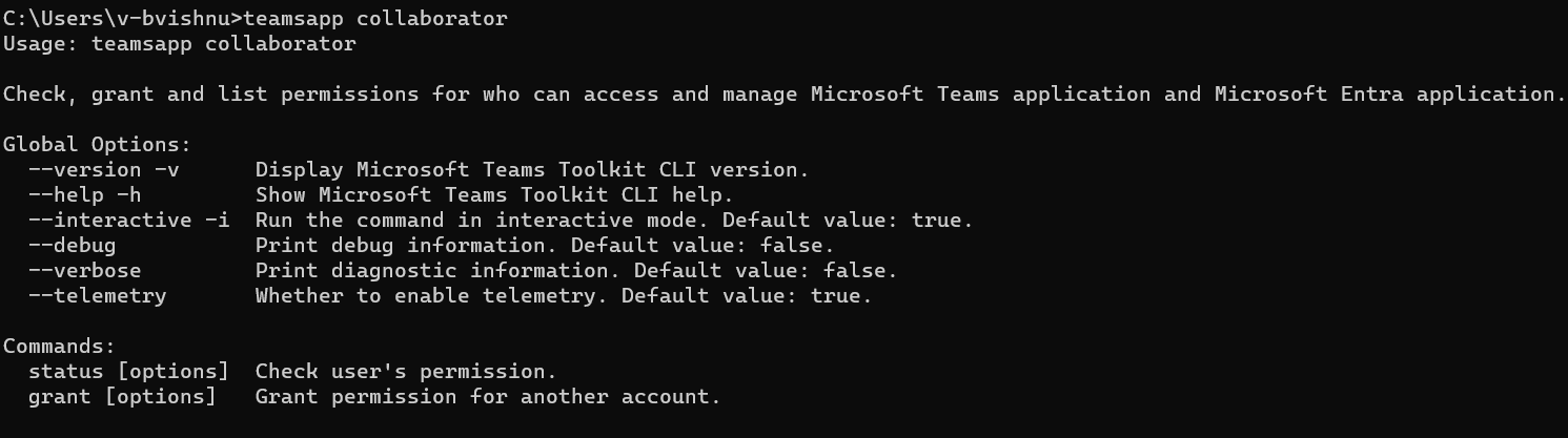 Captura de pantalla que muestra los comandos del colaborador de teamsapp.