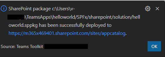 Captura de pantalla del paquete SPFx cargado en el sitio de SharePoint