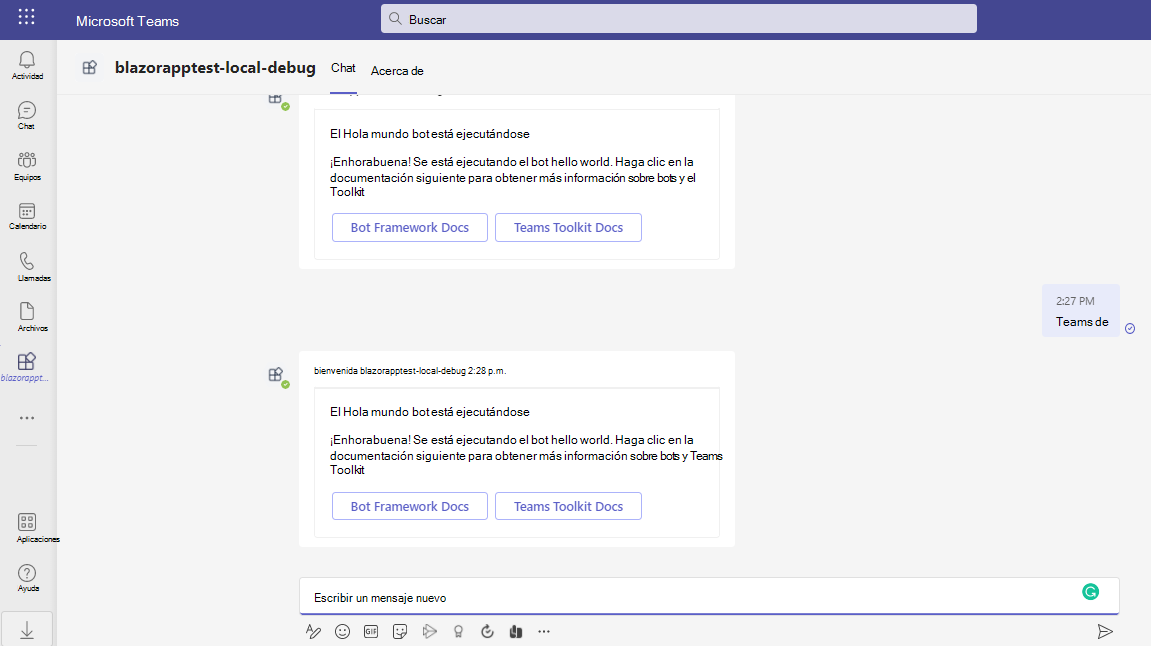 Captura de pantalla de Microsoft Teams con la opción De bienvenida resaltada en Sugerencias.