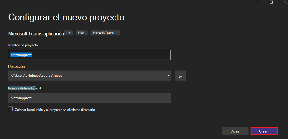 Captura de pantalla de Configurar el nuevo proyecto con Create opción resaltada en rojo.