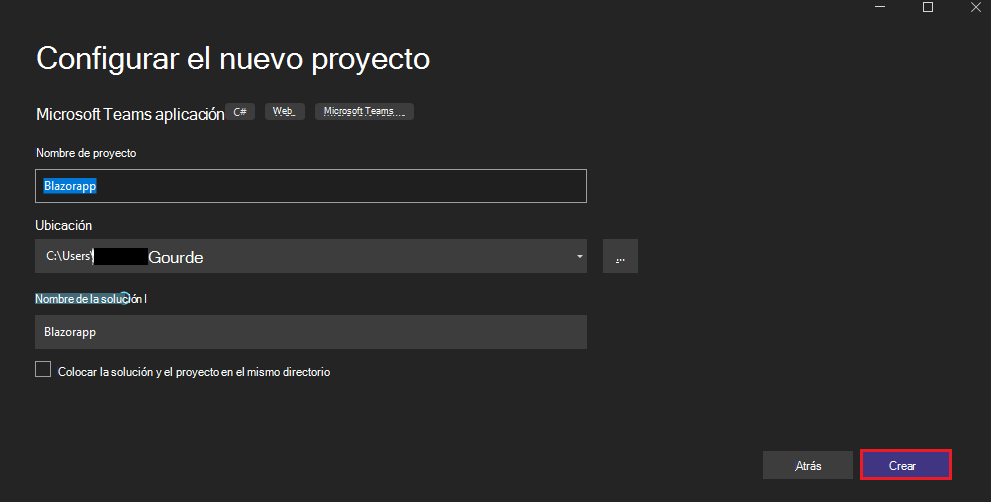 Captura de pantalla que muestra cómo configurar el nuevo proyecto con Create opción.