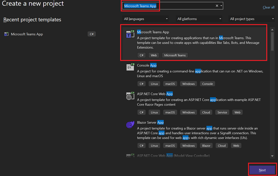Captura de pantalla que muestra cómo crear un proyecto con la opción Siguiente.