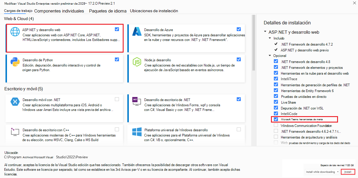 Captura de pantalla de Visual Studio Enterprise Preview con la opción Asp.NET, desarrollo web y herramientas de desarrollo de Microsoft Teams en detalles de instalación e instalación resaltados en rojo.