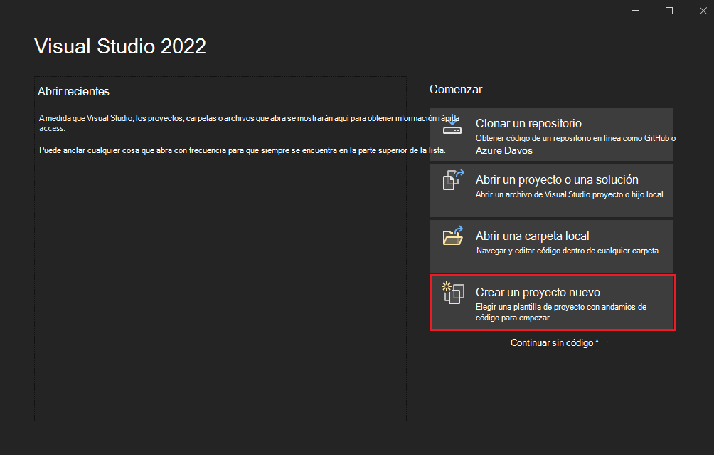 Captura de pantalla de Visual Studio con la opción Crear un nuevo proyecto resaltada en rojo para la aplicación Blazor.