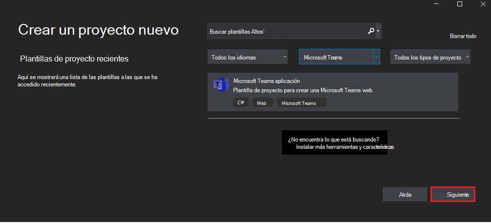 Captura de pantalla que muestra Create un nuevo proyecto con la opción Siguiente.