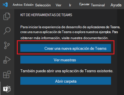 Captura de pantalla que muestra la ubicación del vínculo Crear nuevo proyecto en la barra lateral del kit de herramientas de Teams.