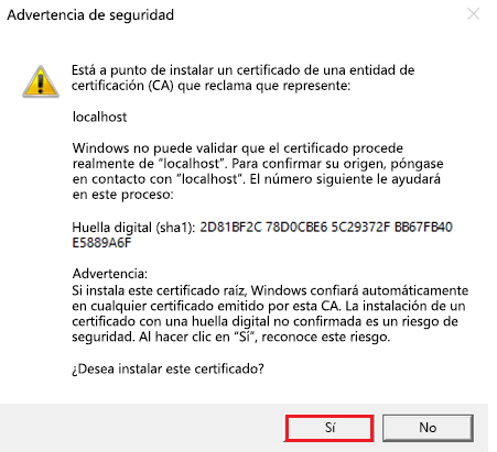Captura de pantalla que muestra la entidad de certificación para instalar el certificado.