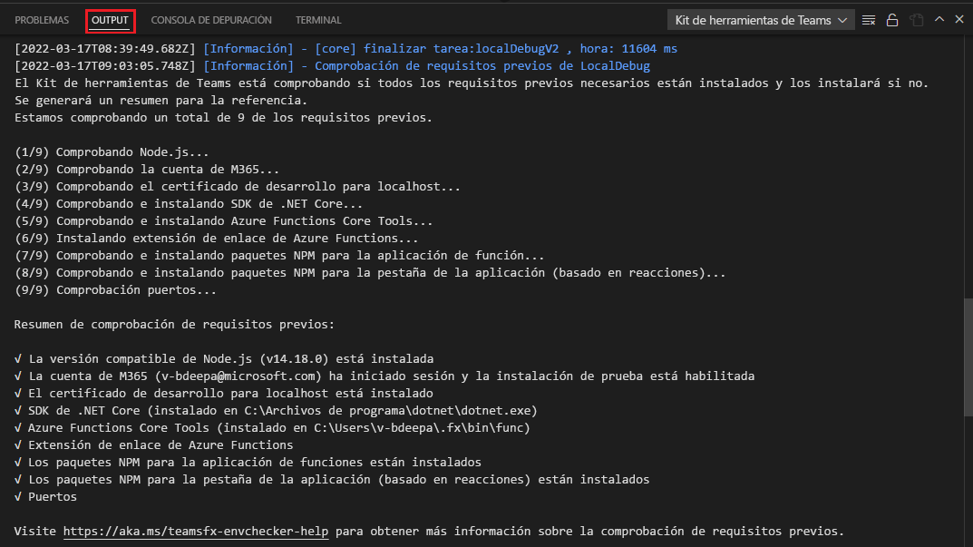 Captura de pantalla que muestra el resumen de comprobación de requisitos previos.
