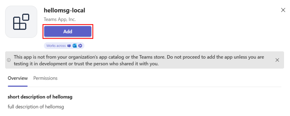 Captura de pantalla que muestra la opción para agregar la aplicación personalizada en Teams.